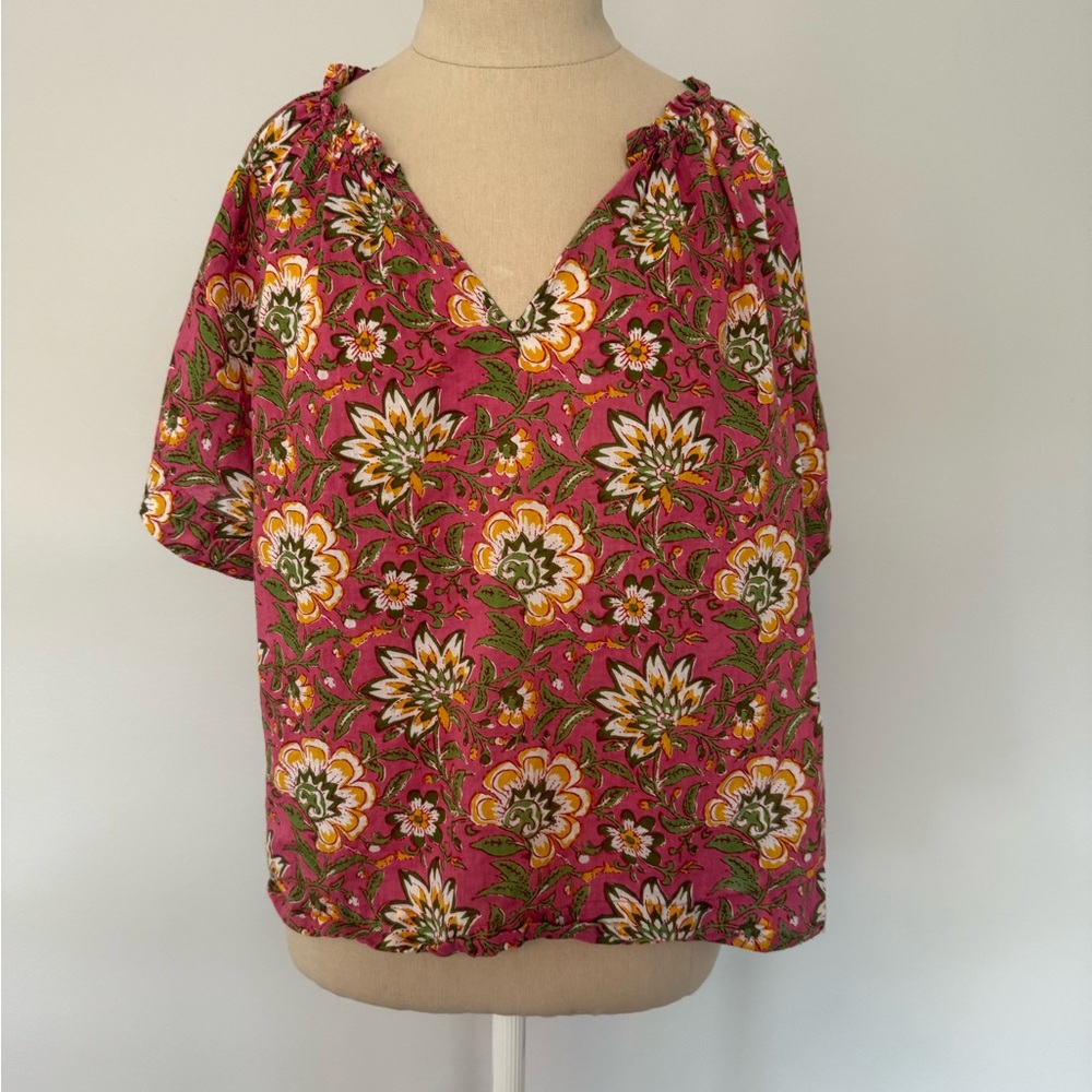Velvet Floral V-Neck Blouse - Pink and Green